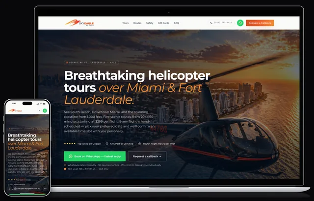 SkyEagle helicopter tours landing page on a laptop and a phone